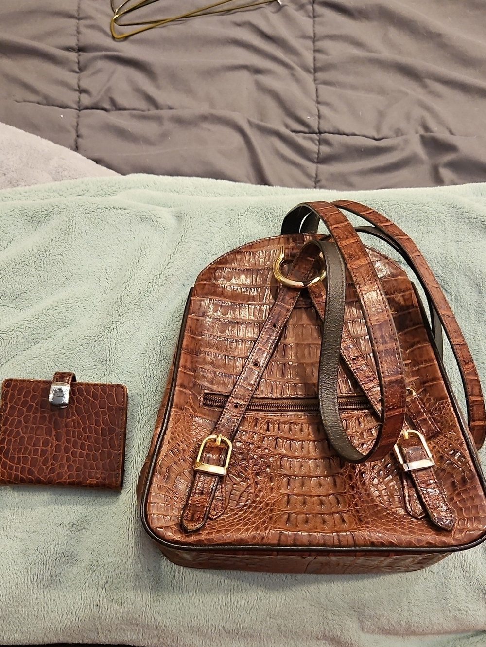 Lauren Ralph Lauren Brown Croc-Embossed Leather Backpack with Matching Wallet